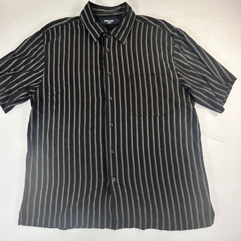 Toscano Mens Black Stripe‎ Silk Rayon Short Sleeve Button Up Shirt Large